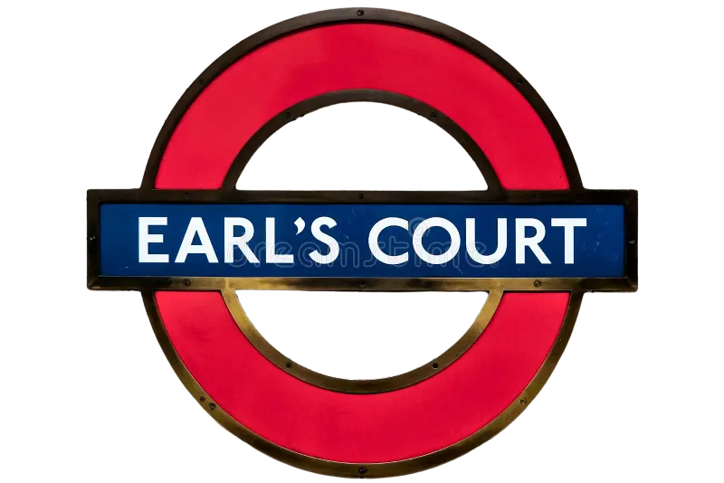 Earl’s Court Underground station sign with red roundel and blue name bar | Mowbray Court Hotel Earls Court