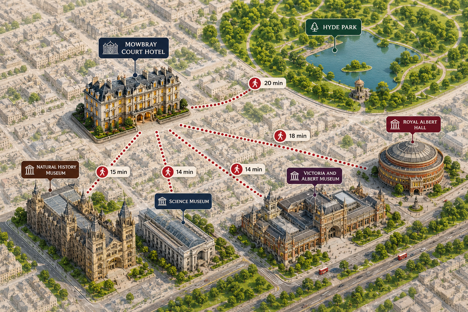 Mowbray Court Hotel walking route map to Natural History Museum, Science Museum, V&A Museum, Royal Albert Hall and Hyde Park