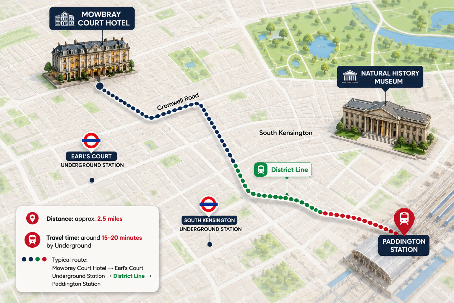 Hotel near Paddington London route map from Mowbray Court Hotel via Earl’s Court and South Kensington Underground stations