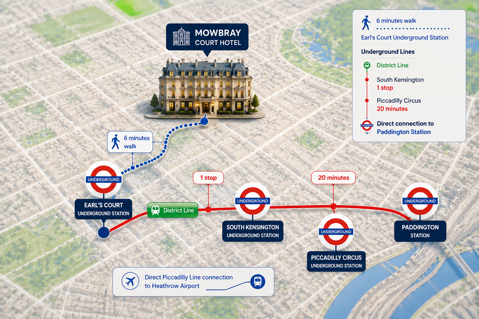 Hotel near Paddington London route map from Mowbray Court Hotel to Earl’s Court, South Kensington and Paddington Station
