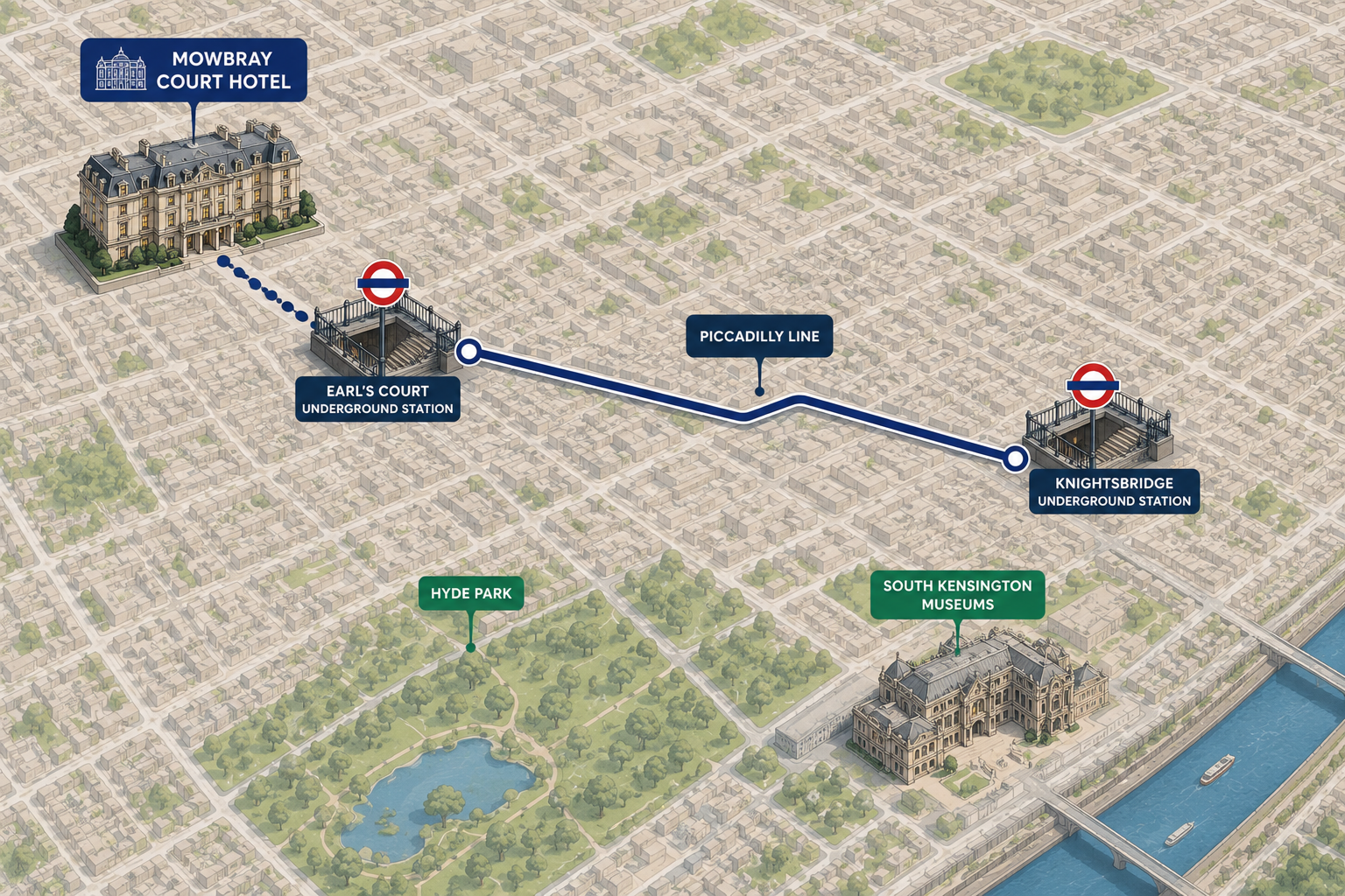 Mowbray Court Hotel near Knightsbridge London with Earl’s Court Station route map via Piccadilly Line