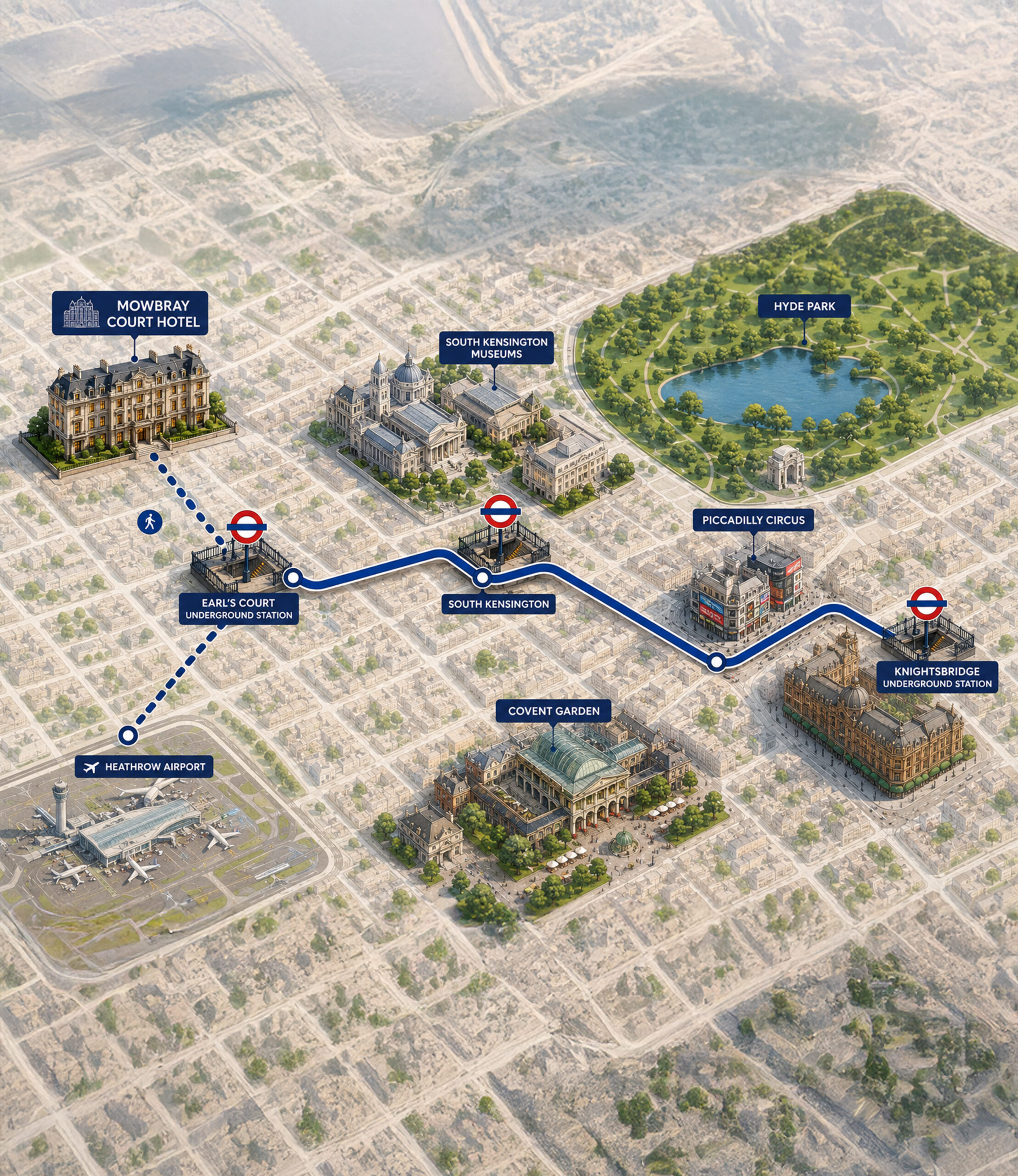Mowbray Court Hotel London route map to Knightsbridge, South Kensington, Hyde Park, Covent Garden and Heathrow Airport